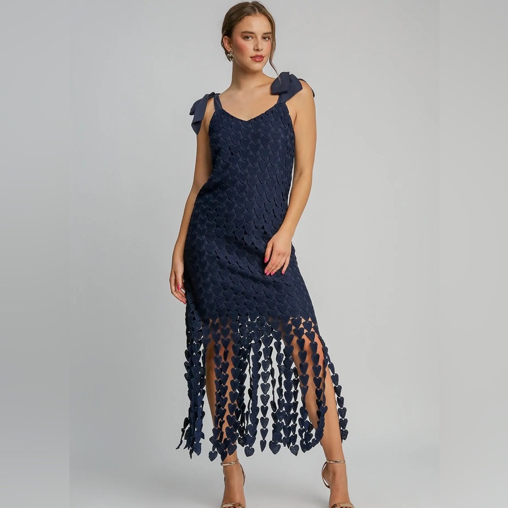 Navy Midi Tie-Shoulder Fringe Dress